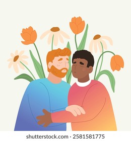 Colorful Valentine's Day gender-diverse cute couple. Hand drawn LGBTQ concept card in modern flat vector illustration style.