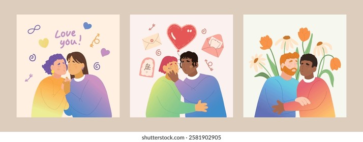 Colorful Valentine's Day gender-diverse cute couples. Hand drawn LGBTQ concept card in modern flat vector illustration style.