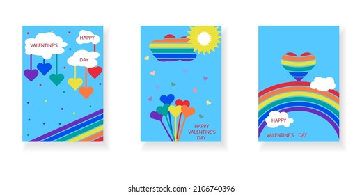 Colorful Valentine's Day greeting card set for the LGBT community. Hearts, clouds, rainbow on a light blue background.