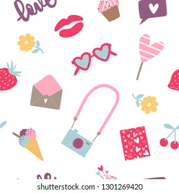 Colorful Valentine's Day seamless pattern. Hand drawn vector background. Romantic mood design. Design  for wallpaper, fabric, wrapping paper.