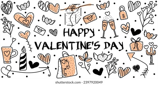 Colorful Valentines Day set in doodle style with text Happy Valentines Day. Peach fuzz. Cute vector hand drawn illustration done in black and white colors. Isolated on white background