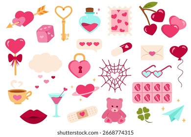 Colorful Valentines Day themed elements featuring hearts, love potion, keys, balloons and romantic symbols