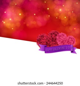 Colorful Valentines Day vector card template with a sparkling blurred background in shades of red with a posy of pink flowers and banner - Happy Valentines Day - over large blank white copyspace