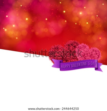 Colorful Valentines Day vector card template with a sparkling blurred background in shades of red with a posy of pink flowers and banner - Happy Valentines Day - over large blank white copyspace