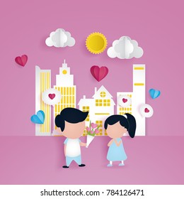 Colorful Valentine's day vector illustration using paper cut style