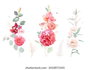 Colorful valentines day vertical garlands. Bright pink rose, hot pink hydrangea, coral peachy ranunculus, magenta orchid, canna lily, green eucalyptus. All elements are isolated and editable on white