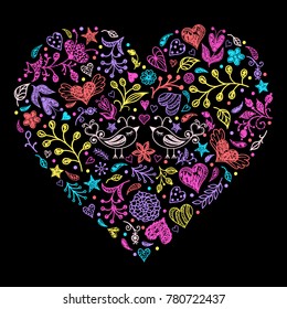 Colorful Valentines heart with birds,flowers and other elements.Vector illustration.