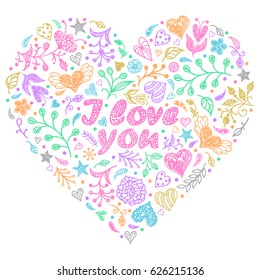 Colorful Valentine's heart with plants,flowers and other elements.Vector illustration.