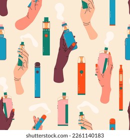 Colorful vape pattern. Electronic cigarettes and vape seamless pattern. Modern vector illustration. Variety of designs vape pens and pod mods. Flat vector design for web.