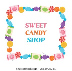 Colorful and varied candy and lollipop border frame background illustration.