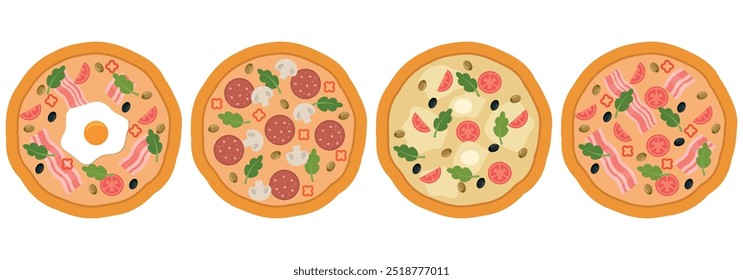 Uma variedade colorida de pizzas de desenhos animados, cada um carregado com uma seleção de topings divertidos