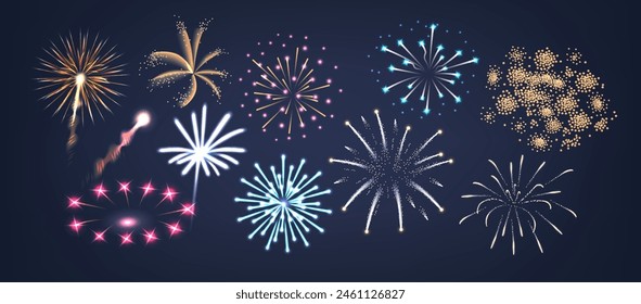 Colorful Variety Of Fireworks Illuminating Dark Sky With Vibrant Colors. Cartoon Vector Illustration For Celebrations