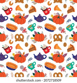 Colorful various autumn pastry and drinks amidst leaves forming seamless pattern on white background