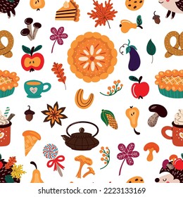 Colorful various autumn pastry and drinks amidst leaves forming seamless pattern on white background