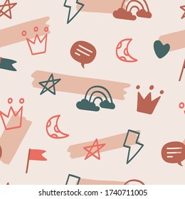 Colorful Various crown, heart, star, cloud, Symbols And Doodle Design Elements Seamless Pattern Vector Flat