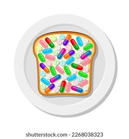 Colorful various pills and capsules on sandwich with butter, over white plate. Taking medications before meals, during meals or after meals, medical concept