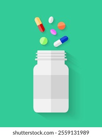 Colorful and various pills, capsules and tablets spilled out of white and blank plastic pill bottle container in flat design