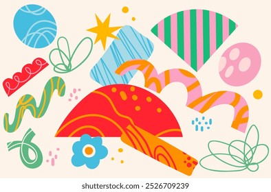 Colorido várias formas e rabiscos, composição de figuras. Ilustração de moda moderna abstrata. Conjunto de vetores desenhado à mão. Elementos para cartazes, logotipos, impressões