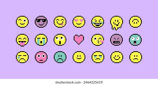 Colorful and various smile characters. Emoticon pack. Cute faces. 8-bit retro style vector illustration. Pixel art style icons set