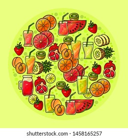Colorful various tropical fruit juice icons. Set of fruits and cocktails. Healthy eating. Citrus, pineapple, strawberry, kiwi, peach, watermelon, and pomegranate. Vector. Circle shape composition. 