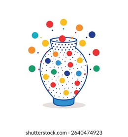 Colorful vase design adorned with polka dots and floating circles on a clean white background