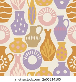 Colorful vase and pottery seamless pattern in boho style