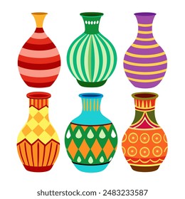 Colorful vases with different designs on white background