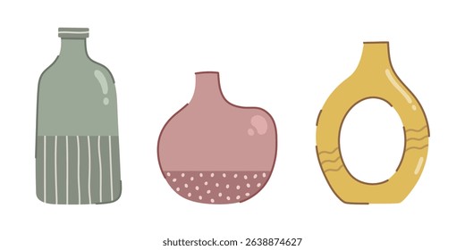 Colorful vases, vector set. Modern jugs made of porcelain, ceramics, glass. Interior items in stripes, polka dots, with a hole in the middle. Boho cozy bowls, homemade pottery. Hand drawn flat clipart