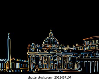 Colorful Vatican City Drawing on black. Well crafted vector sketch für private and commercial use.