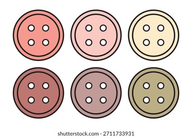 Colorful Vector 2d Cartoon Buttons Set Collection. Red Pink Yellow Beige Round Plastic Button Clipart for Sewing, Fashion. Flat Color Button Elements Isolated Illustration on White Background. EPS 10.