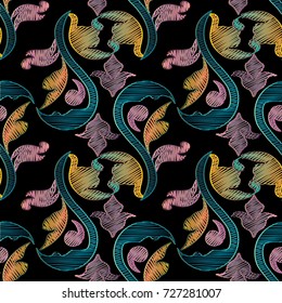 Colorful vector 3d embroidery Baroque seamless pattern. Antique grunge endless floral ornaments.Tapestry vintage background. Arras hatching embroidered texture.Ornate damask scroll leaves.Lily flowers