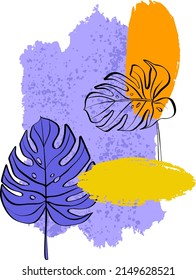 Colorful vector abstract card design with monstera. Modern shape line art wallpaper. Creative artistic background.