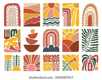 Colorful vector abstract geometric designs with nature elements matisse boho style