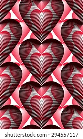 Colorful vector abstract geometric seamless pattern, beautiful romantic theme ornament. Graphic contemporary covering with overlapping hearts.
