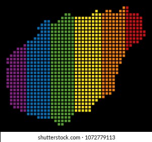 Colorful vector abstract pattern of Hainan Island Map organized of rounded square pixels. Vector homosexual tolerance geographic map in LGBT flag color tinges on a black background.