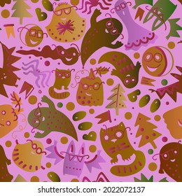 Colorful vector abstract seamless pattern of Halloween pumpkins, ghosts and bats on pink background. The design is perfect for decorations, textiles, costumes, backgrounds, wrapping paper