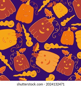 Colorful vector abstract seamless pattern of Halloween pumpkins and ghosts in bright purple and yellow tones. The design is perfect for decorations, textiles, costumes, backgrounds, wrapping paper