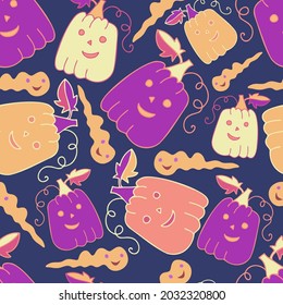 Colorful vector abstract seamless pattern of Halloween pumpkins and ghosts in bright purple and yellow tones. The design is perfect for decorations, textiles, costumes, backgrounds, wrapping paper