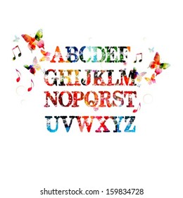 Colorful vector alphabet background with butterflies.