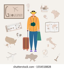 Colorful vector alphabet. Book of professions. Profession Geographer. Letter G