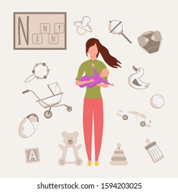 Colorful vector alphabet. Book of professions. Profession Nanny. Letter N