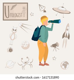 Colorful vector alphabet. Book of professions. Profession Ufologist. Letter U