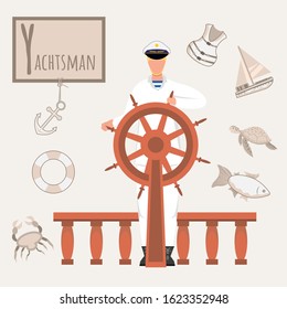  Colorful vector alphabet. Book of professions. Profession Yachtsman. Letter Y.