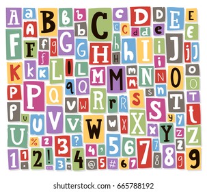 Colorful vector alphabet letters made of newspaper magazine font abc paper text collage cut type typography note illustration