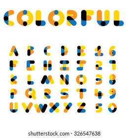 colorful vector alphabets and numbers or integers in uppercase. these icons can be used as logos too and are made of 4 different colors - yellow, orange, blue, and black