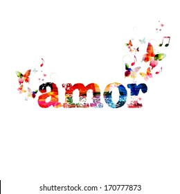 Colorful vector "amor" background with butterflies 