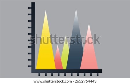 Colorful vector analytics graph with sharp triangular peaks in yellow pink gray and black on a grid axis representing data analysis statistics and business performance Ideal for reports dashb