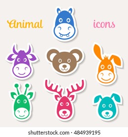 Colorful vector animal face icons on white labels