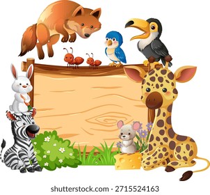 Los animales coloridos del Vector rodean el signo de madera en blanco, estilo juguetón de la historieta, colores naturales brillantes