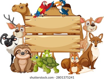 Colorful vector animals surround blank wooden sign, cartoon style, white background, bright colors